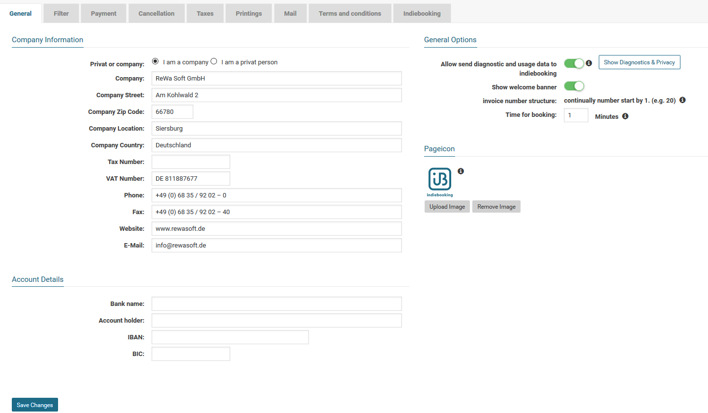 In the Indiebooking-Settings you are able to save all of your company informations.