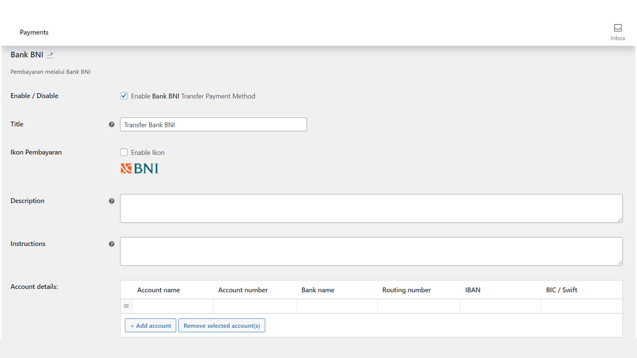 **Payment Settings:** The admin interface for enabling/disabling specific banks.