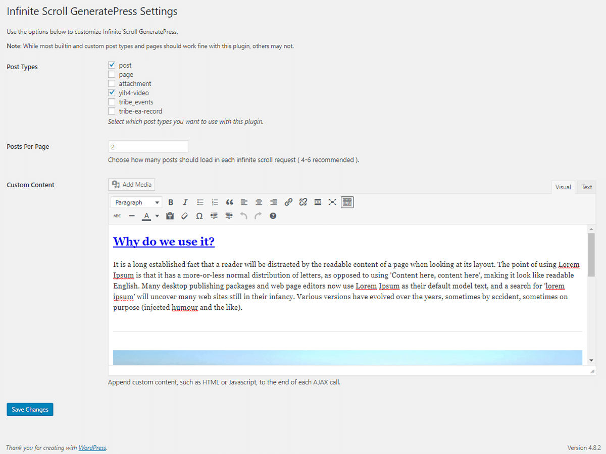Admin Settings for Infinite Scroll GenereatePress