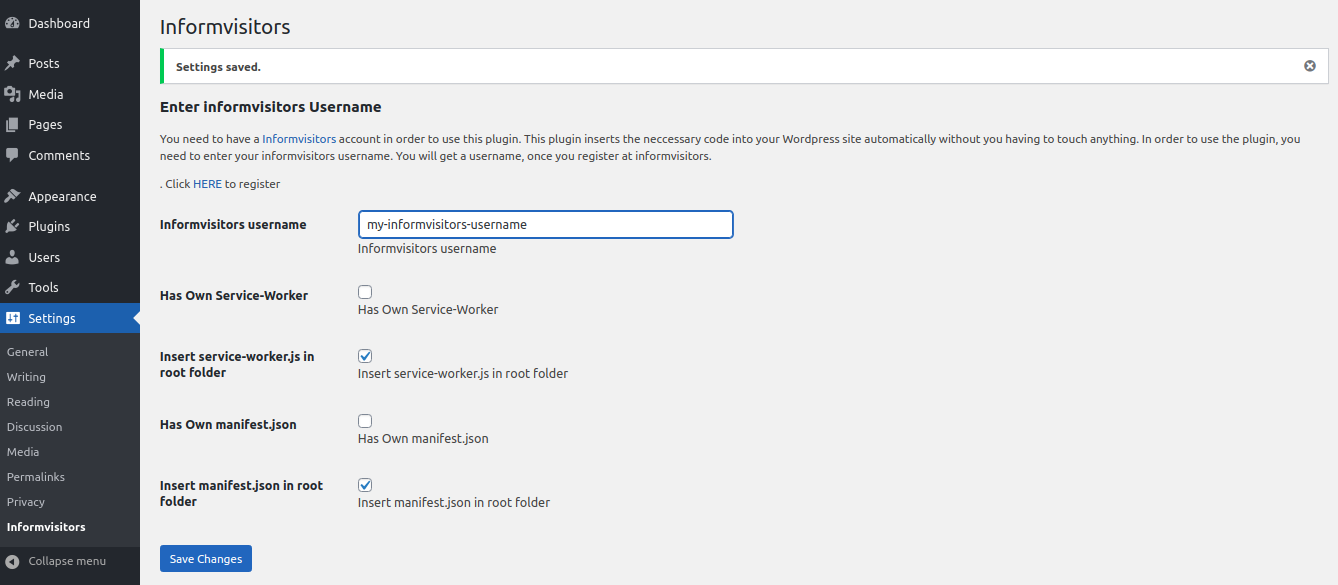 Plugin Settings page for entering informvisitors username