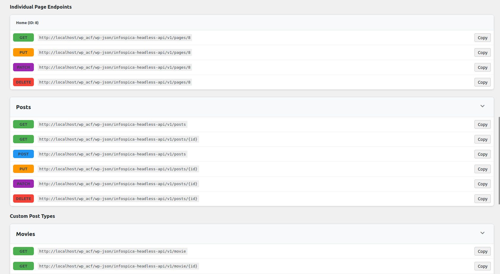 REST API endpoints overview with generated URLs