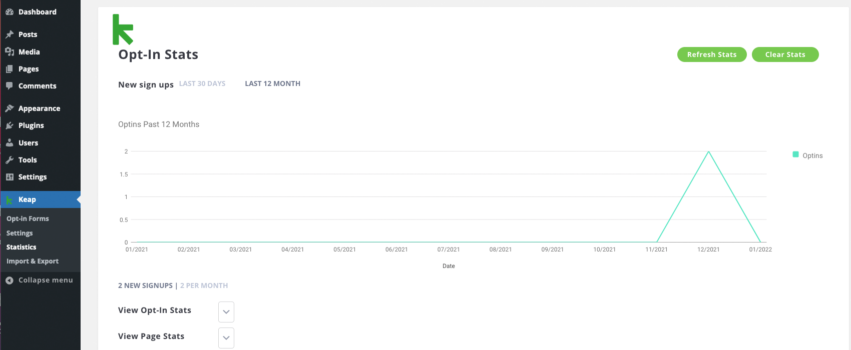 This page shows statistics of your opt-in forms.