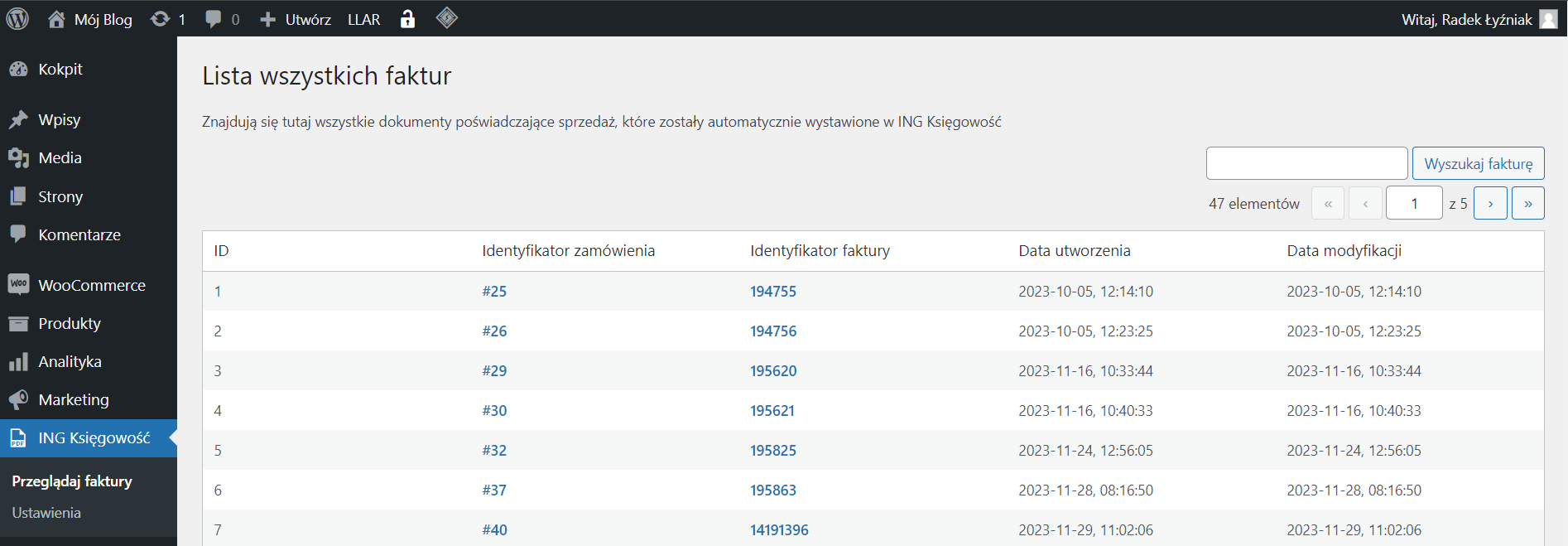 Listę faktur utworzonych w ING Księgowość zgodnie z zamówieniami WooCommerce.