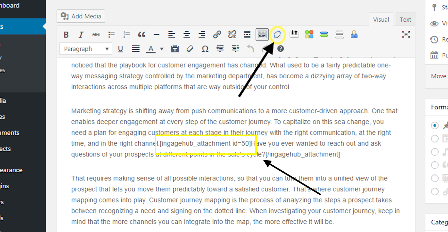 Adding engagement to your content is as simple as clicking a the INgageHub editor toolbar button.  The plugin uses familiar shortcodes to enhance your content, but the editor tool automates the whole process.