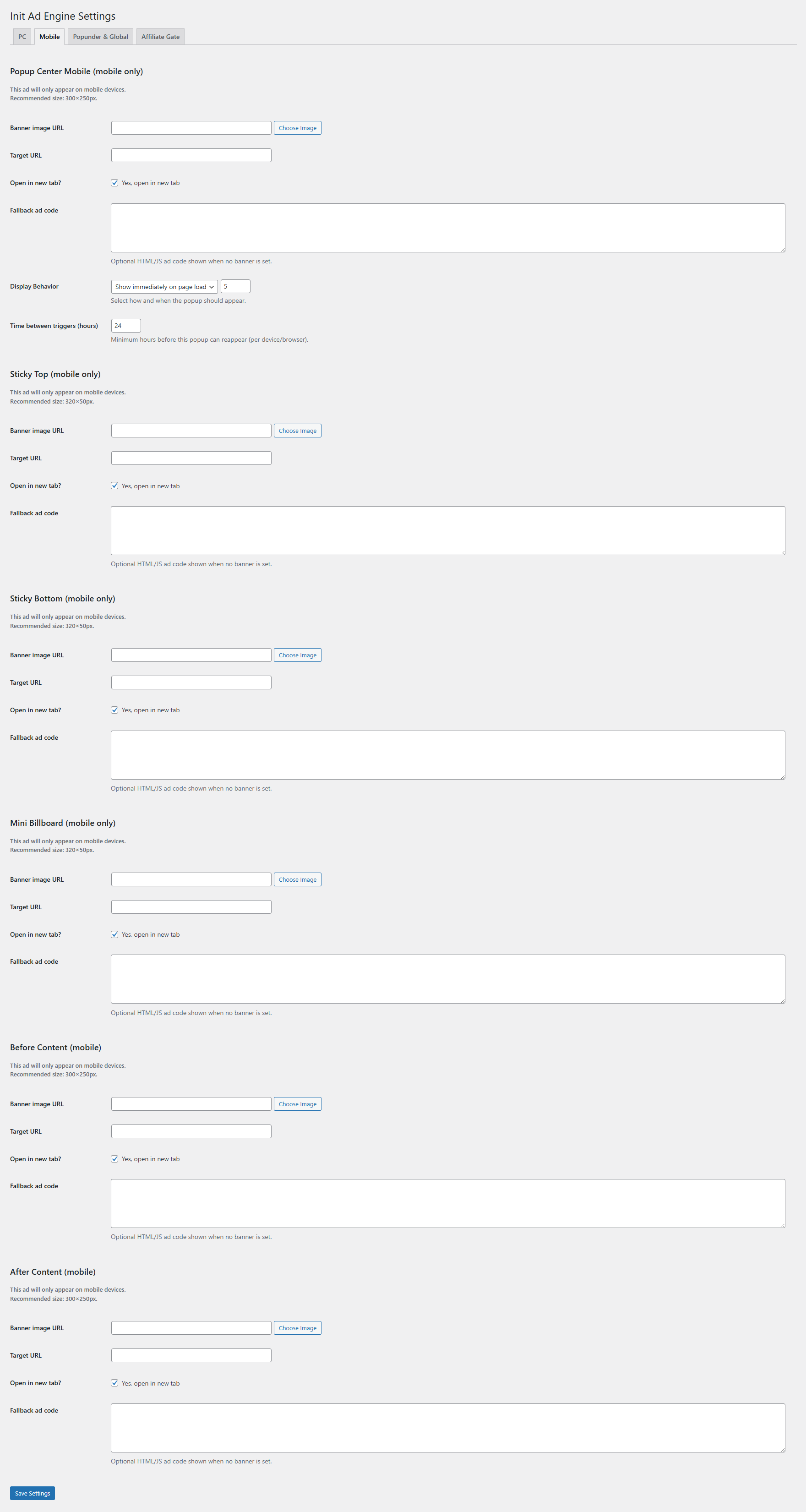 **Mobile Settings Tab** – Configure mobile-specific units including Sticky Top/Bottom, Mini Billboard, and Popup Center Mobile