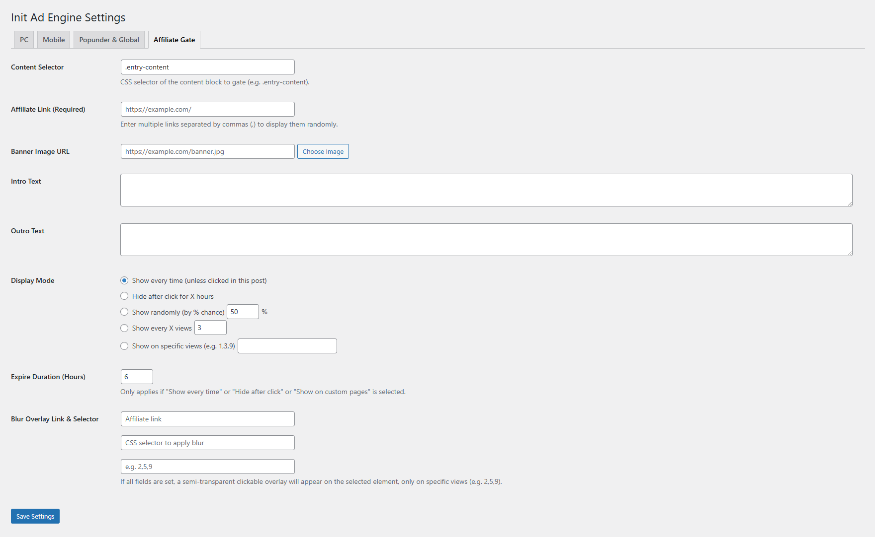 **Affiliate Gate Tab** – Full settings UI for content gating, steps, random modes, blur overlay, and banner configuration