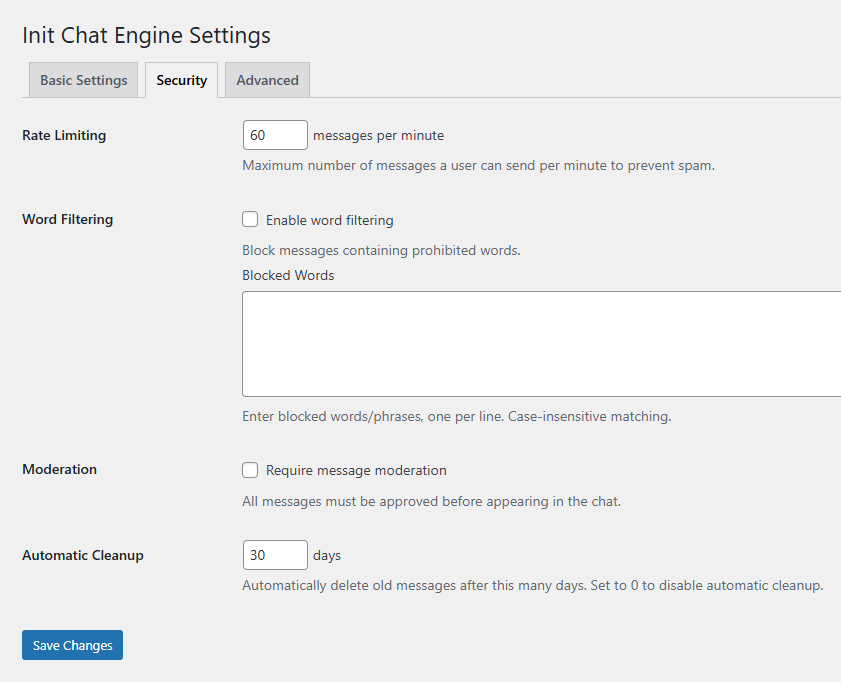 Admin settings panel - Security and moderation