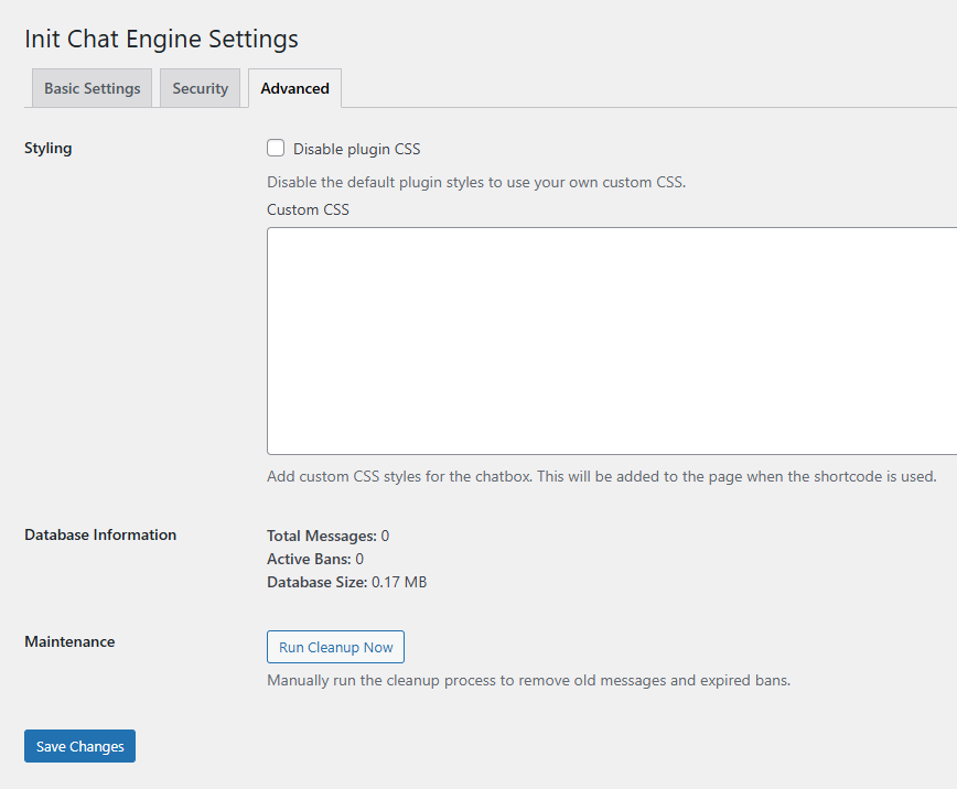 Admin settings panel - Advanced options and maintenance