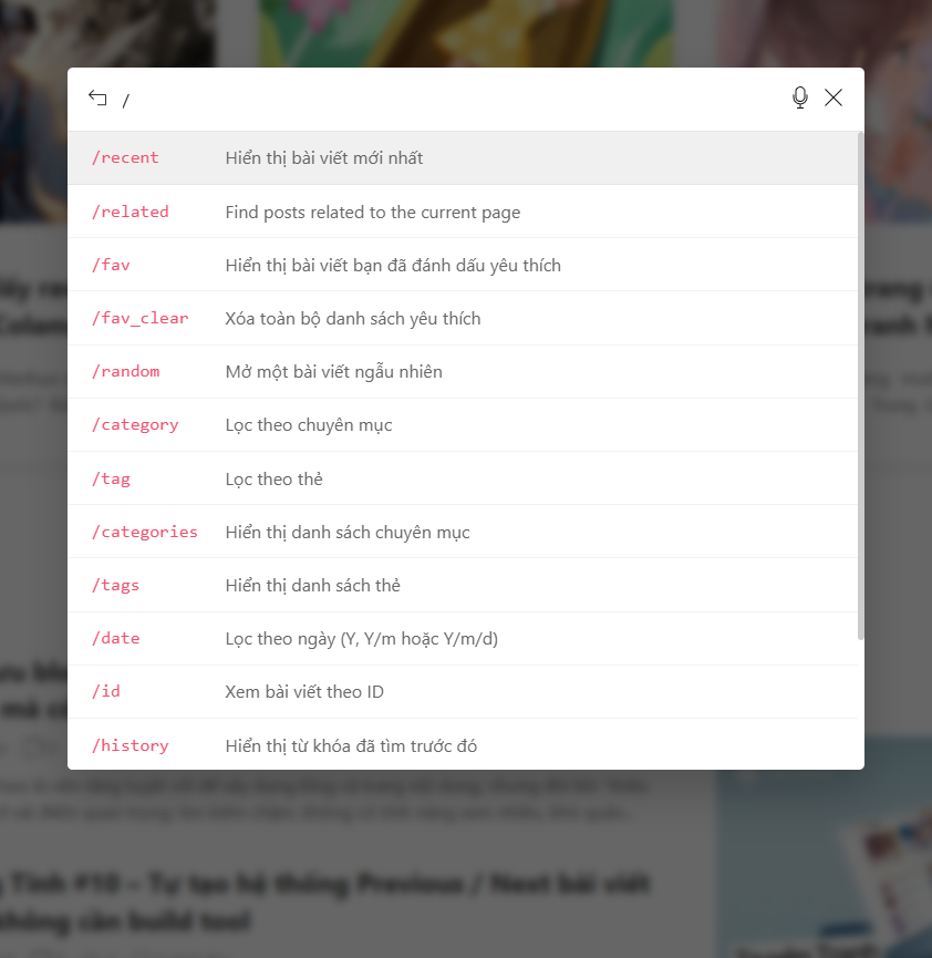 Search Behavior: post types, slash commands, fallback, SEO fields
