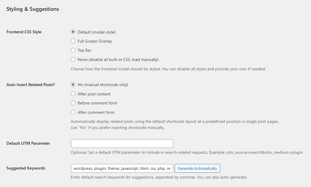 Results View: filter pills, post types, contextual excerpts
