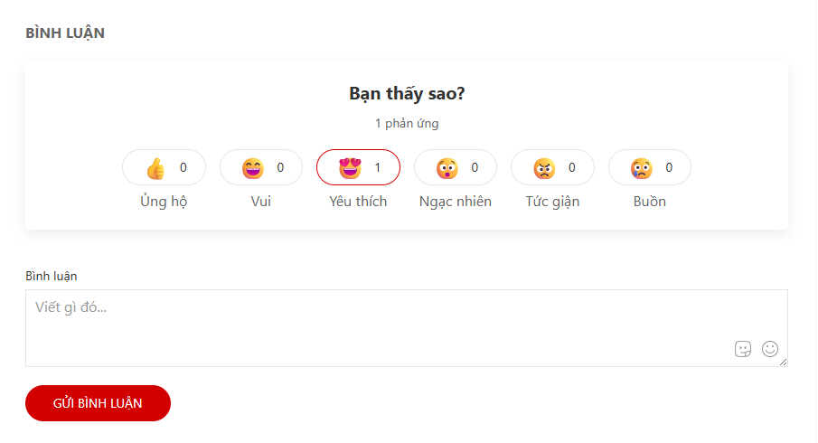 **Reactions Bar** – Emoji-based reactions under the post, showing total counts, current user reaction highlight, and requiring login to interact.