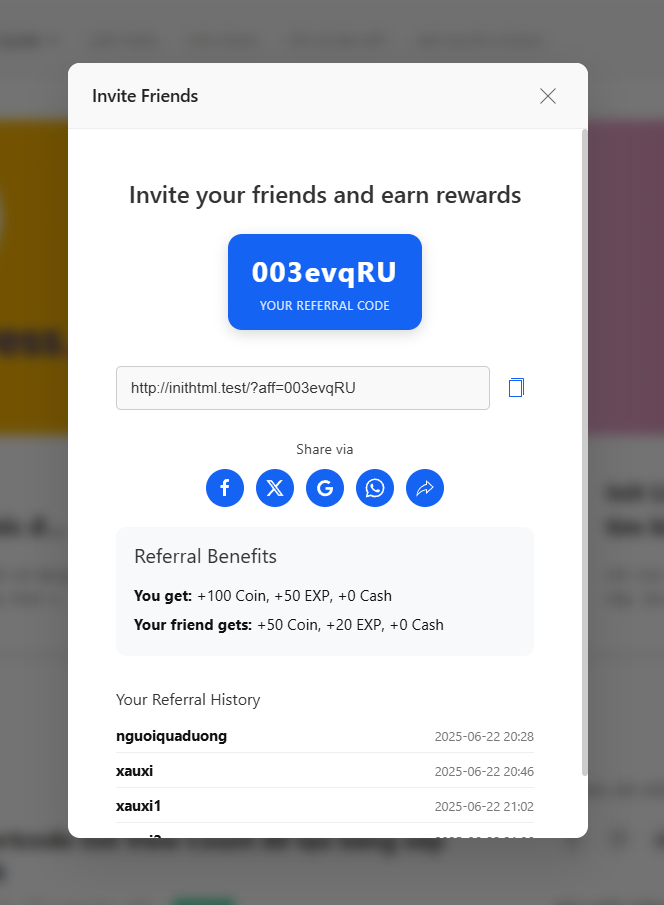 Referral Reward settings for both referrer and new user.