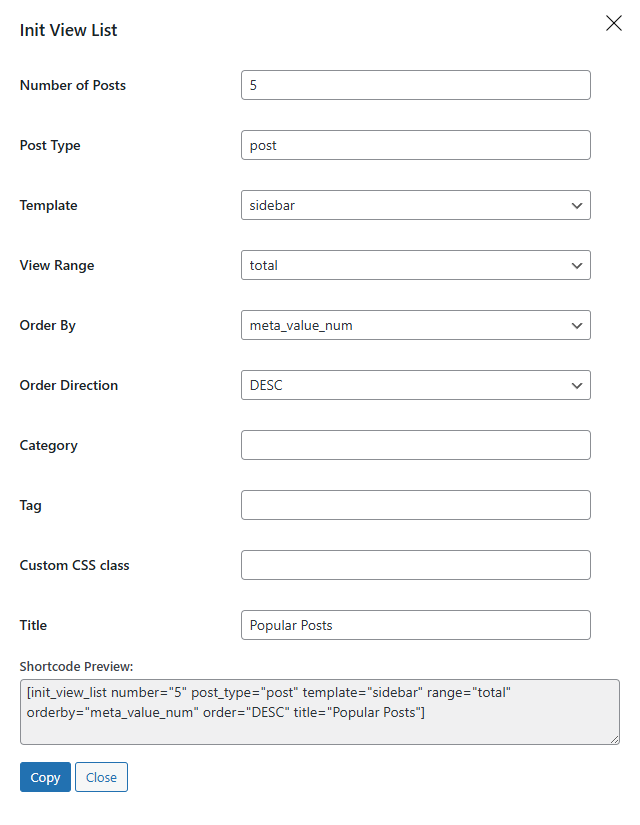 Shortcode builder for [init_view_list] – generate view-based post lists with custom templates.