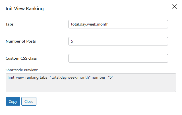 Shortcode builder for [init_view_ranking] – generate tabbed rankings for different view ranges.