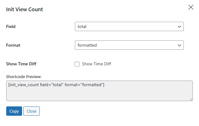 Shortcode builder for [init_view_count] – display view count for current post with format options.