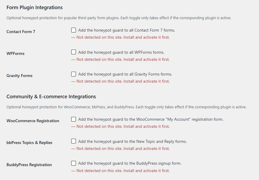 Form Plugin Integrations & Community/E-commerce Integrations settings