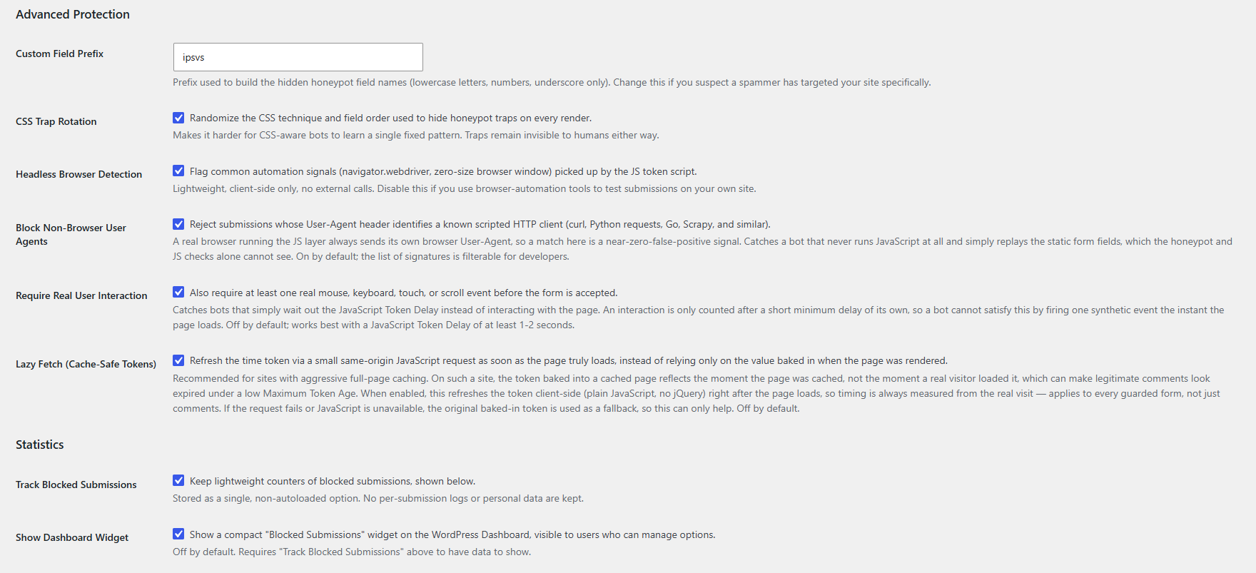 Advanced Protection & Statistics settings