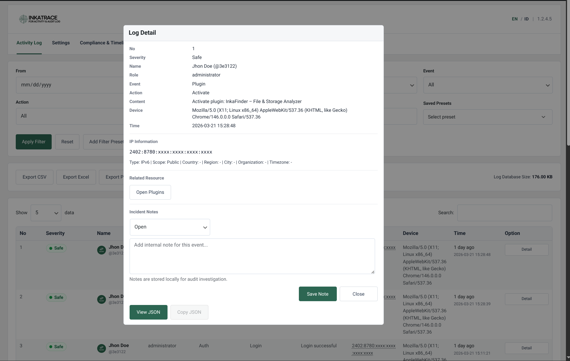 Dashboard analytics with daily activity trends and chart breakdowns by action type and event type.