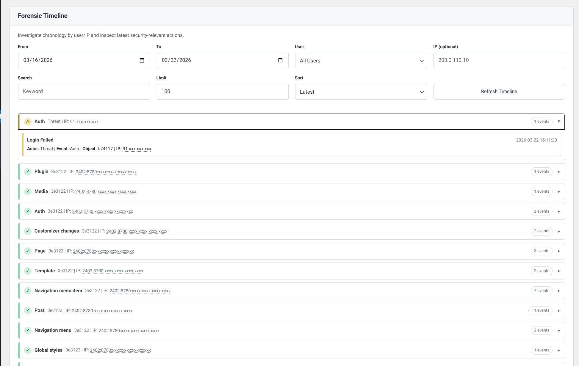 General settings view covering retention, excluded events, IP geolocation consent, and support access.