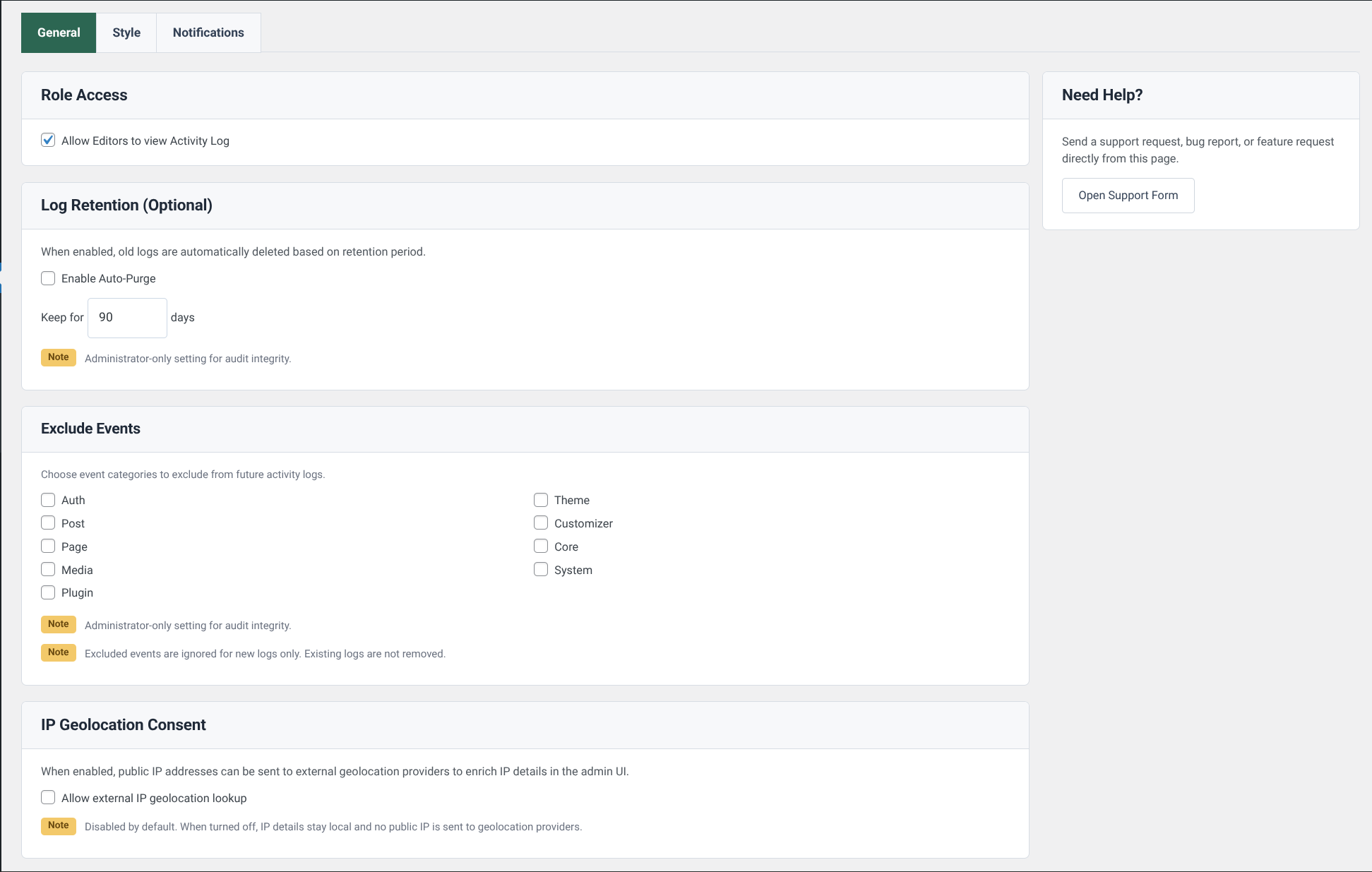 Style settings for interface options and IP display mode in the admin activity view.