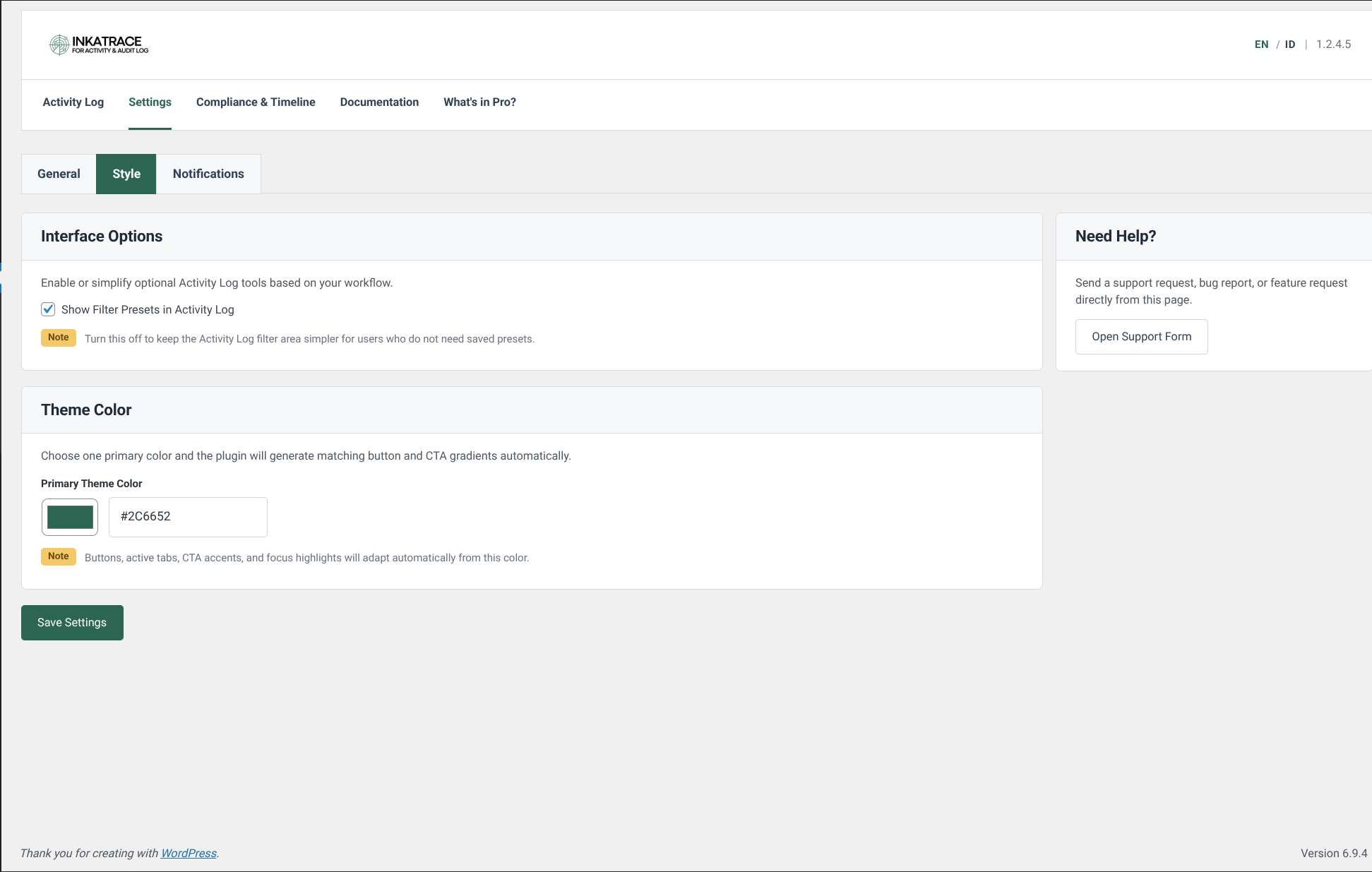Notification settings for email delivery, including threat alerts and critical site change alerts.