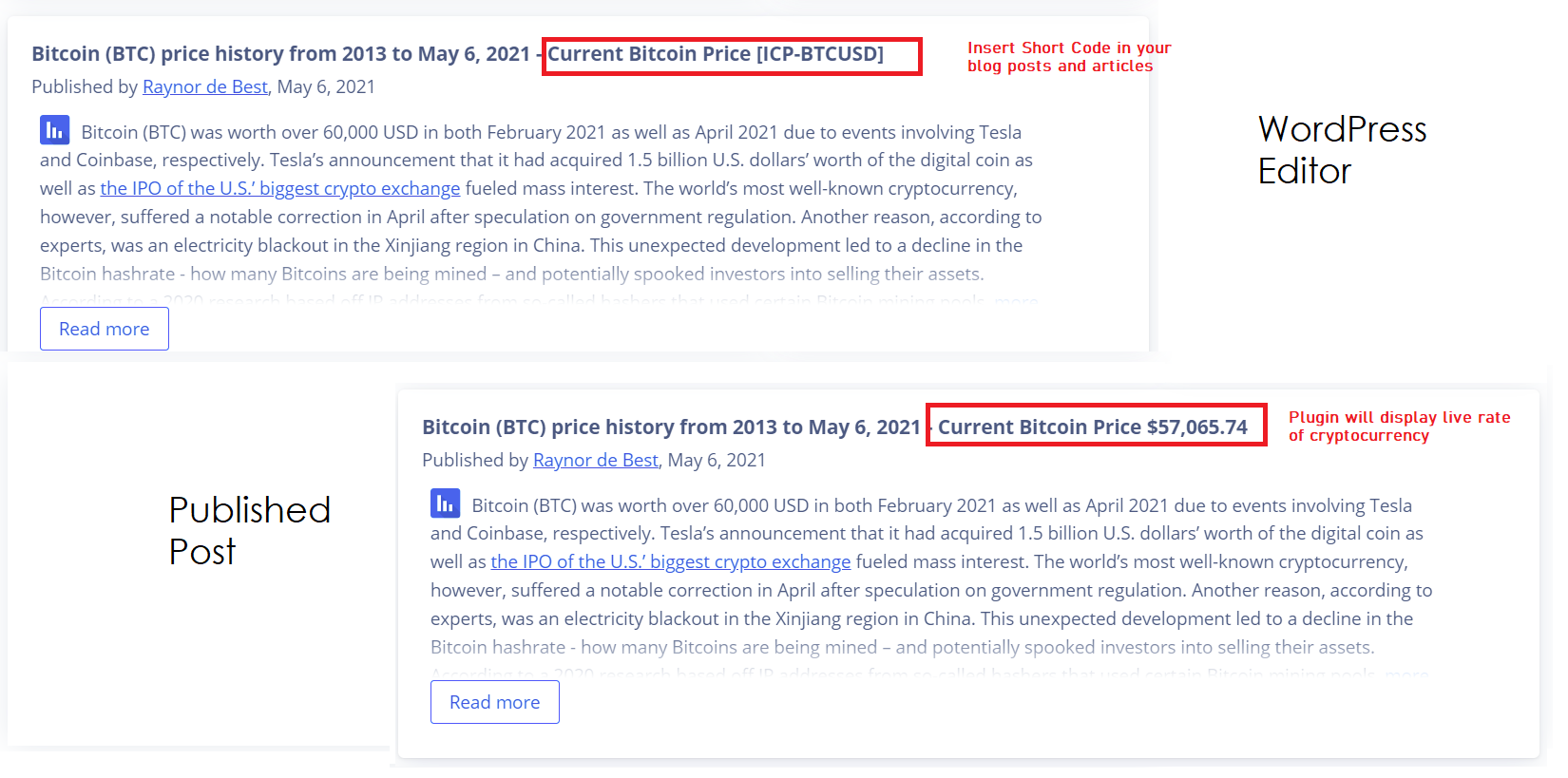 Insert crypto prices as plain text in your post articles / pages.