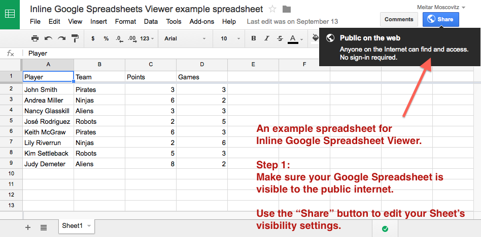 Use a Google Spreadsheet or create a new one for your WordPress post or page. Make sure the Spreadsheet is "Public on the web." Learn more about [Google Docs sharing settings](https://support.google.com/docs/answer/2494886). If your spreadsheet was created a while ago and still uses an "old" style Google Spreadsheet, [use the "Publish as a webpage" option](https://support.google.com/docs/answer/183965). Make a note of the URL of your Google Spreadsheet's editing page.