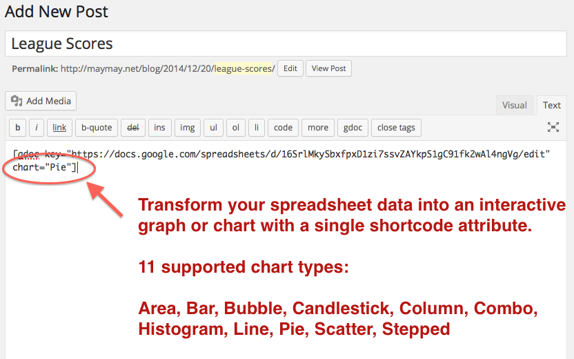 Transform your spreadsheet's data into an interactive graph or chart by adding a single shortcode attribute. More than a dozen chart types are supported, including `Area`, `Bar`, `Column`, `Geo`, `Pie`, `Line`, `Scatter` and more. Every chart can be customized with user-defined colors, opacity, and even 3D effects. There are over 50 configuration options to choose from. See [the FAQ](https://wordpress.org/plugins/inline-google-spreadsheet-viewer/#faq) for a detailed list.