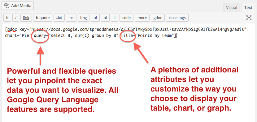 Use all the features of the [Google Query Language](https://developers.google.com/chart/interactive/docs/querylanguage) to pinpoint the exact data you want. Over 50 additional configuration options let you customize the exact way your graphs, charts, and tables look.