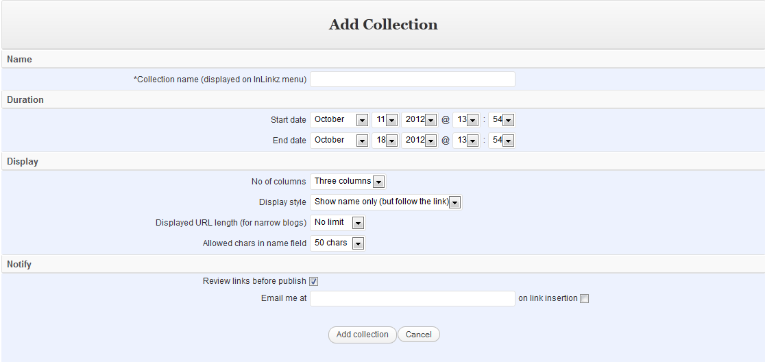 A screenshot of the collection creation form.