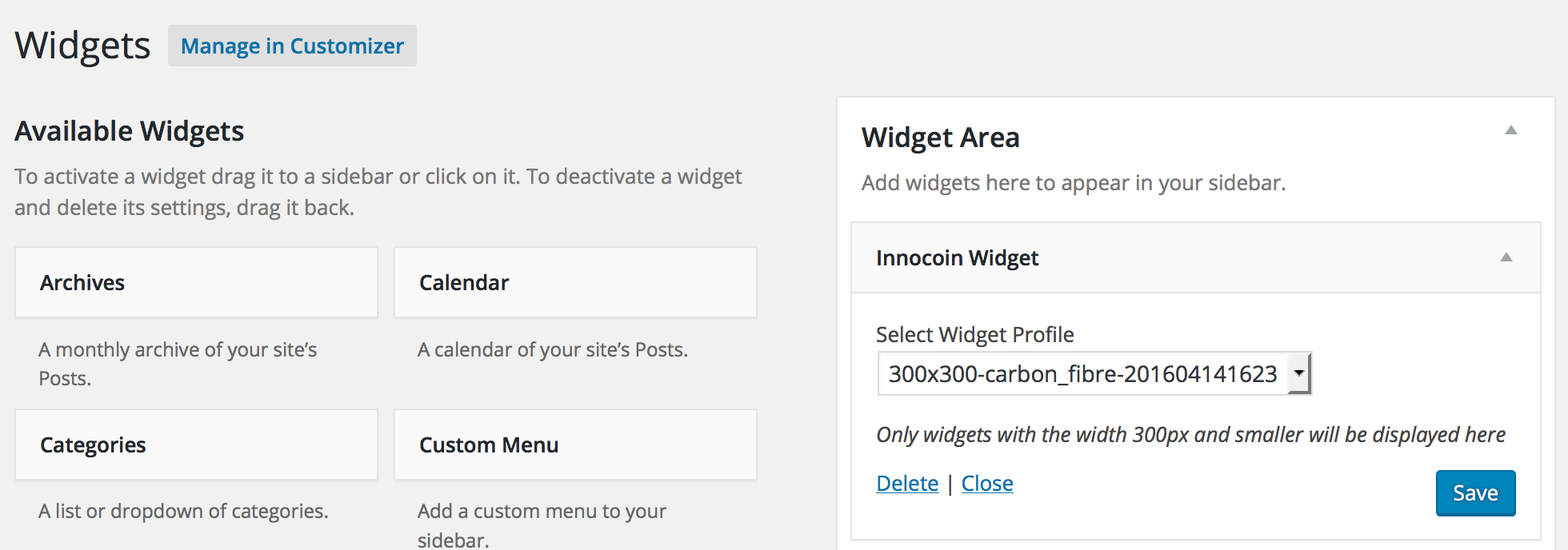 In appearance -> widgets you can find the Innocoin widget, which can be used to place the widget in the sidebar