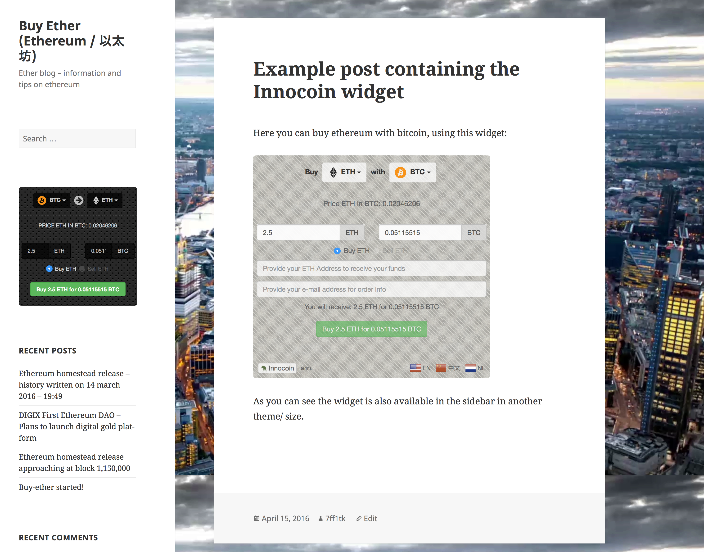 Examples of live widgets; widgets in posts can be placed by using the shortcode, widgets in the sidebar can be place by using the appearance->widgets->innocoin option