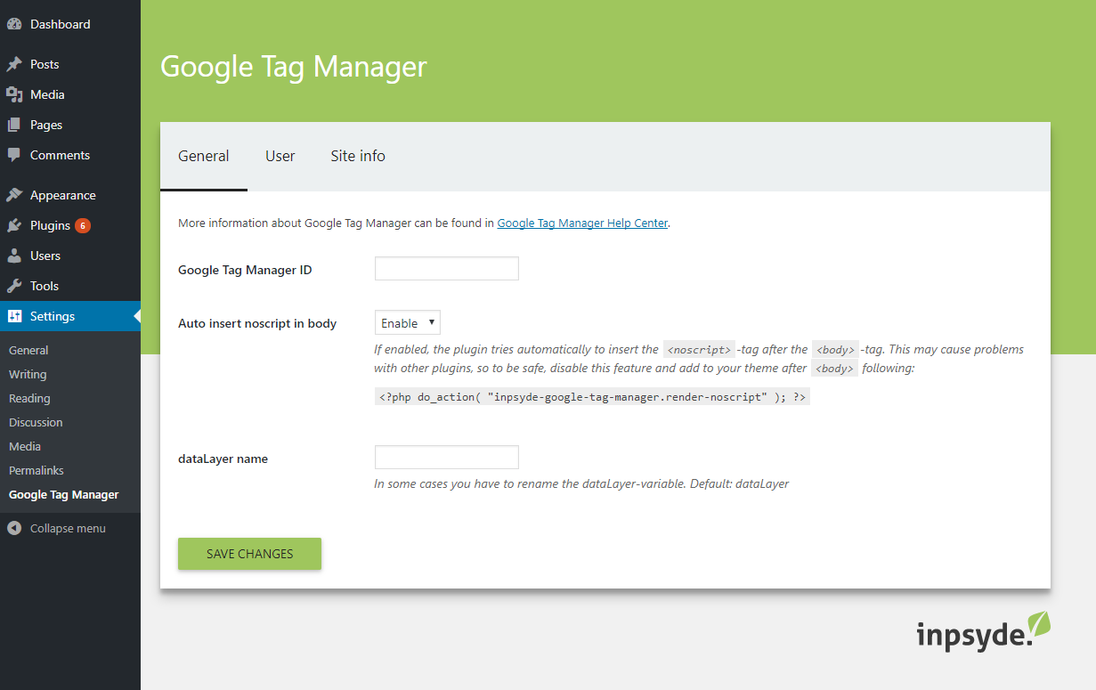 Tab General - Insert the Google Tag Manager ID and choose how to insert the noscript-tag.