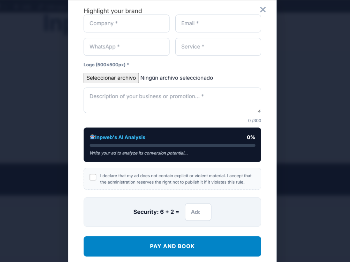 **Advertiser Experience:** The clean, professional modal where sponsors enter their details.