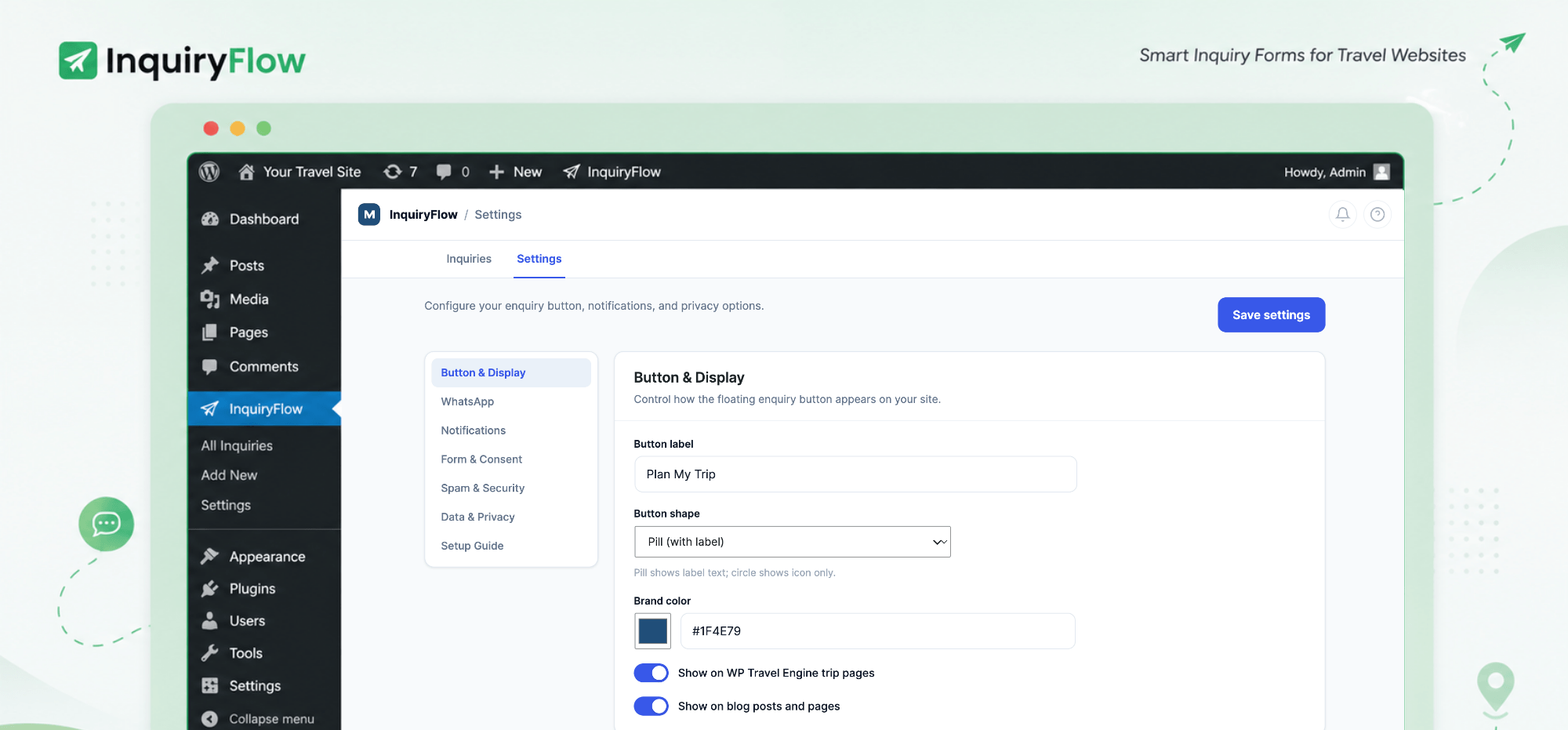 Button & Display settings — customize the button's label, shape, color, and where it appears.