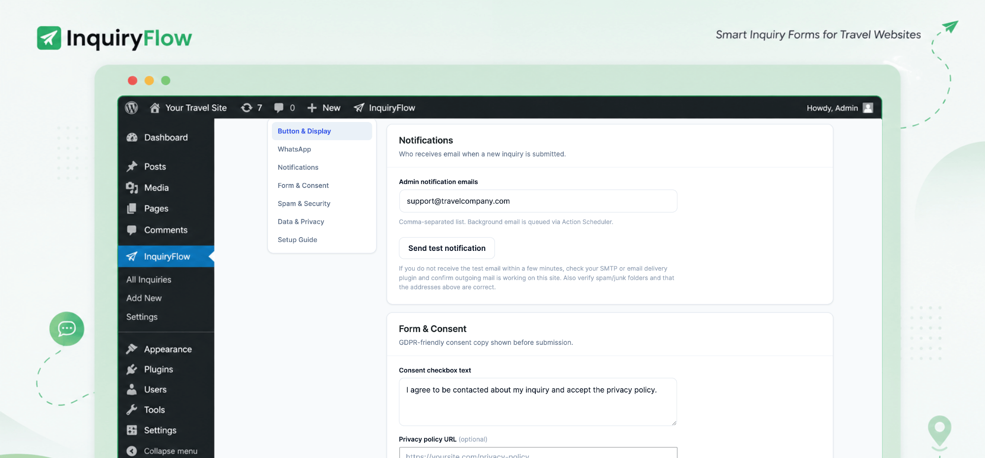 Notification and consent settings — choose who gets notified and customize your GDPR consent text.