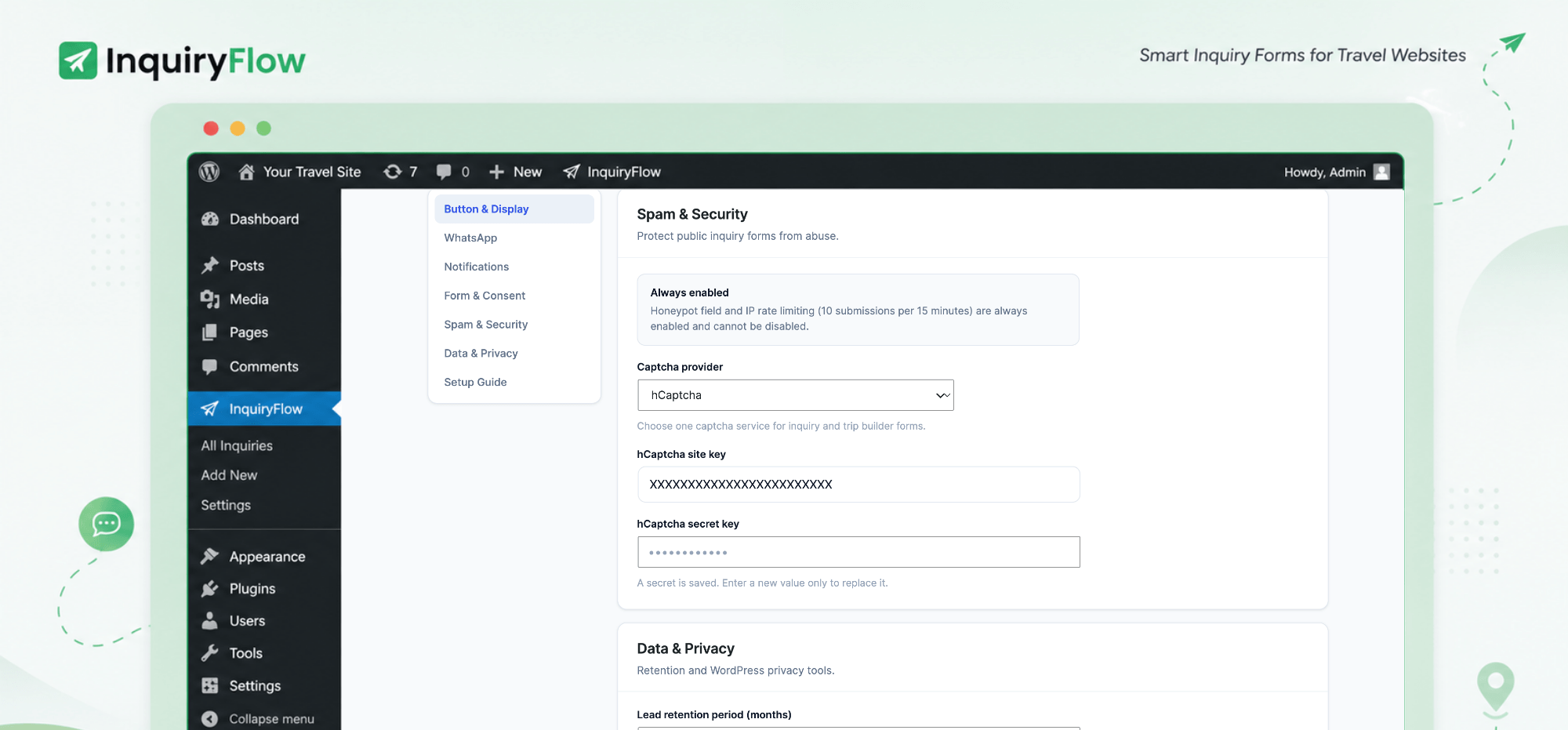 Spam & security settings — built-in honeypot and rate limiting, plus optional hCaptcha and lead retention controls.