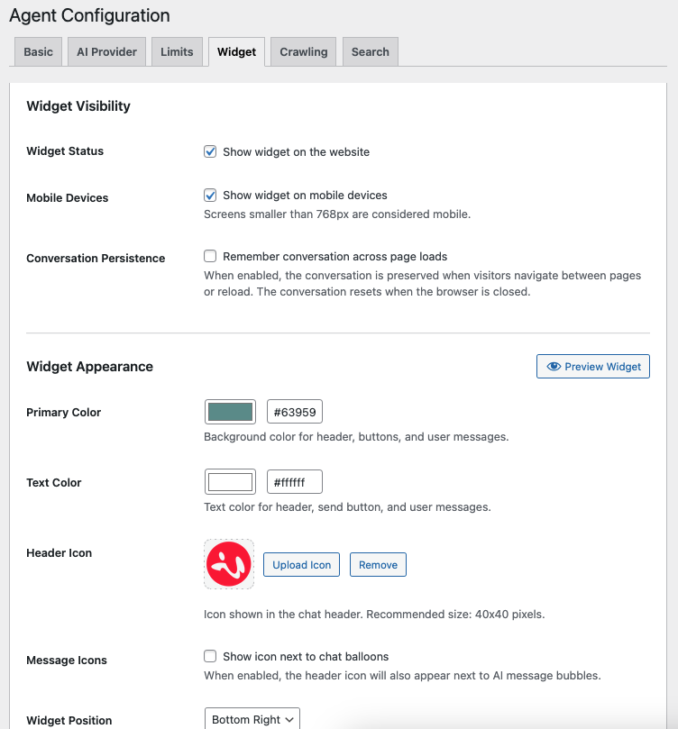 Widget customization settings
