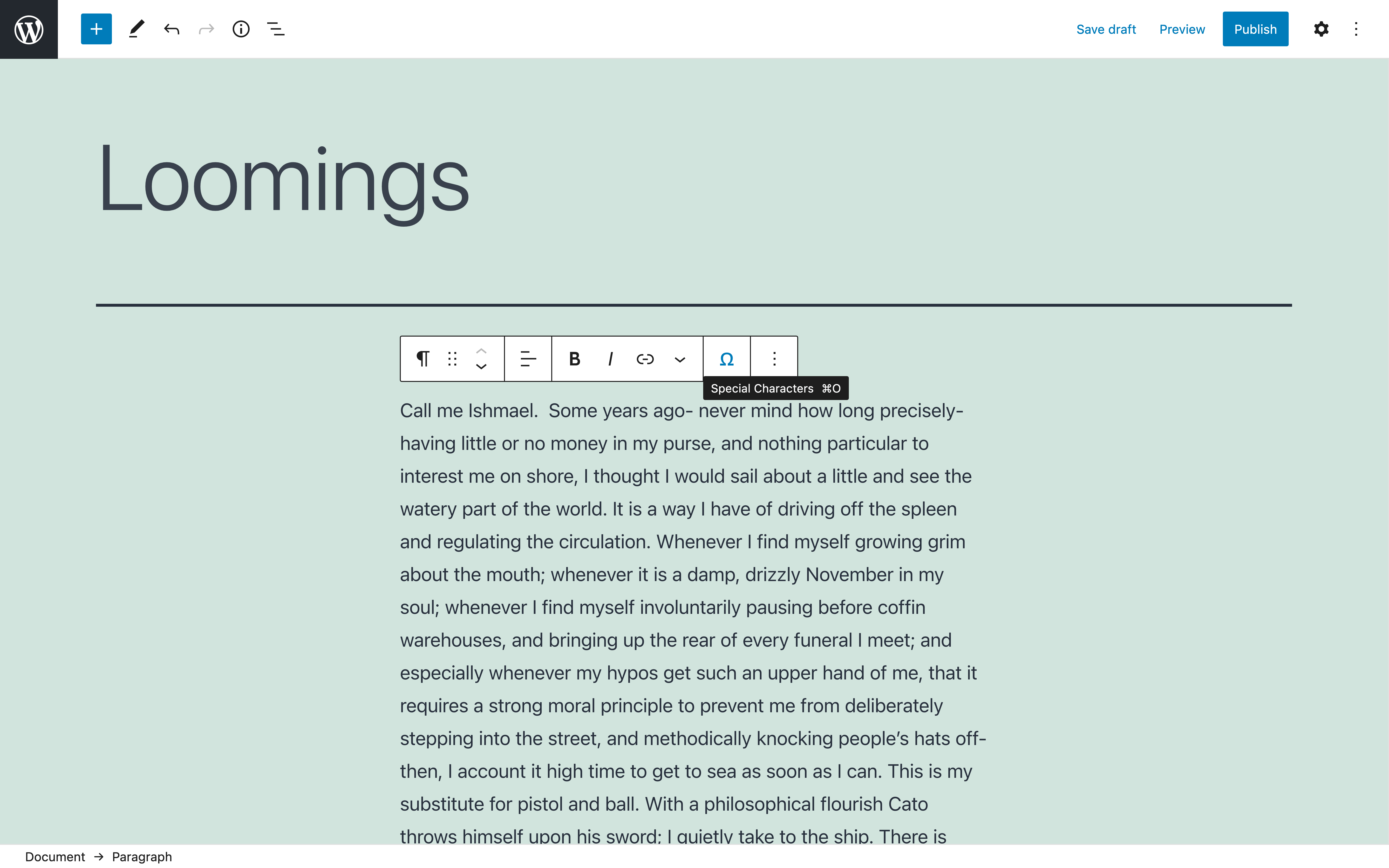 "Special Characters" option in Paragraph Block menu.