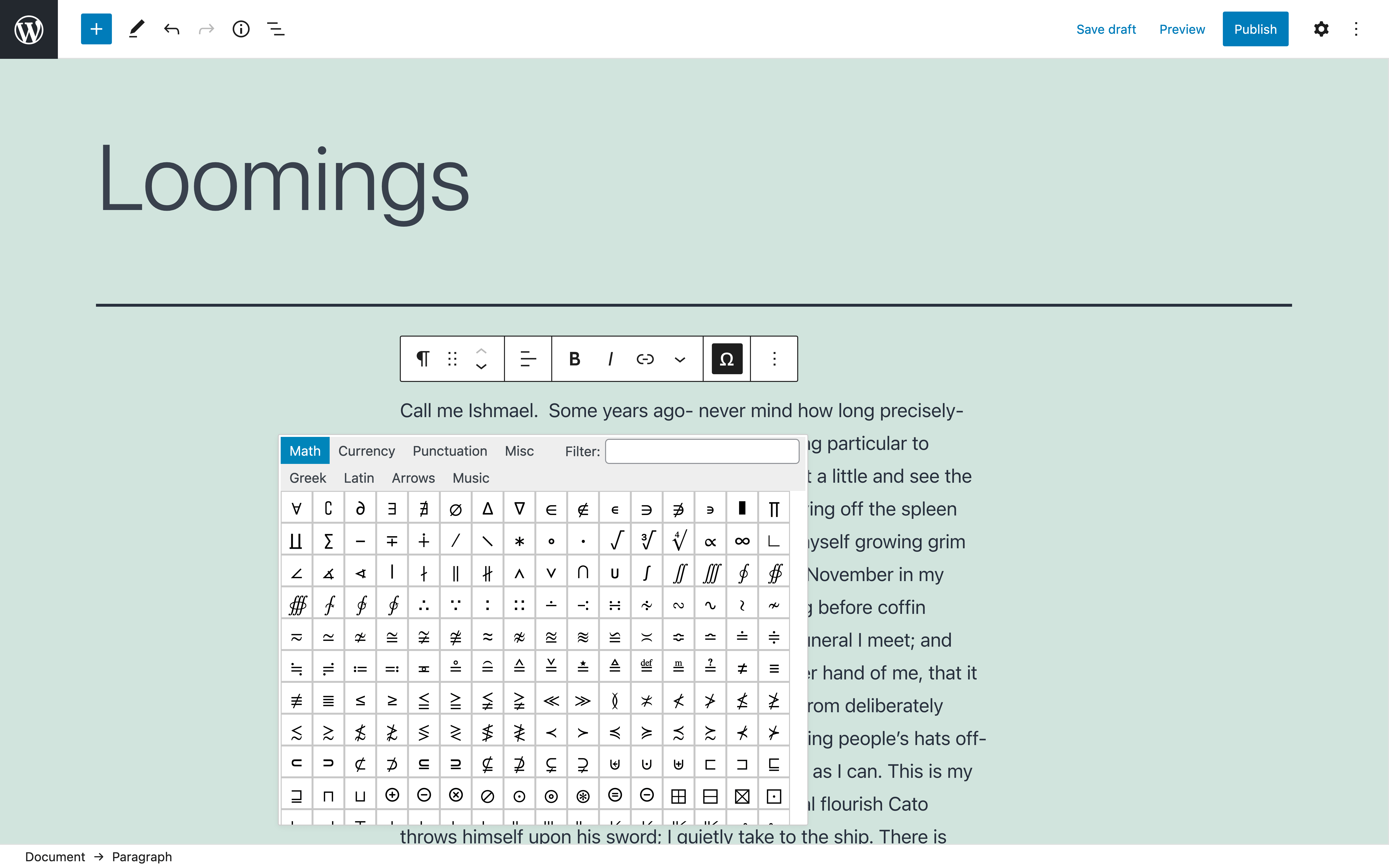 Initial special characters, showing the "Math" character set.