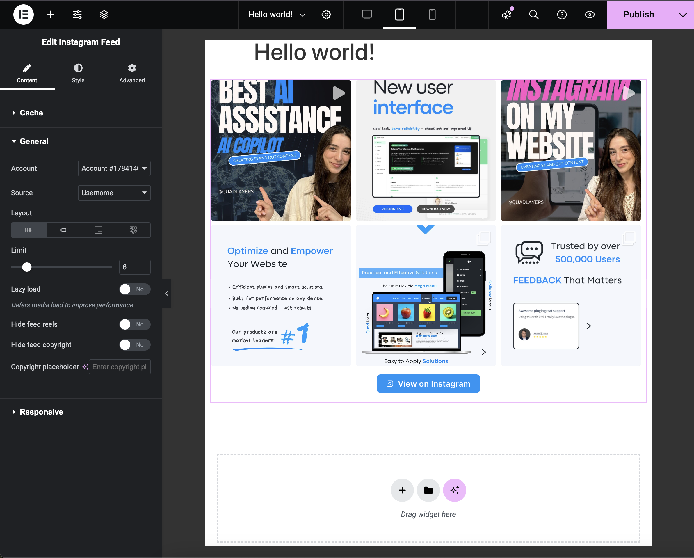 Instagram Feed – **Elementor widget** (drag-and-drop) displaying an Instagram feed