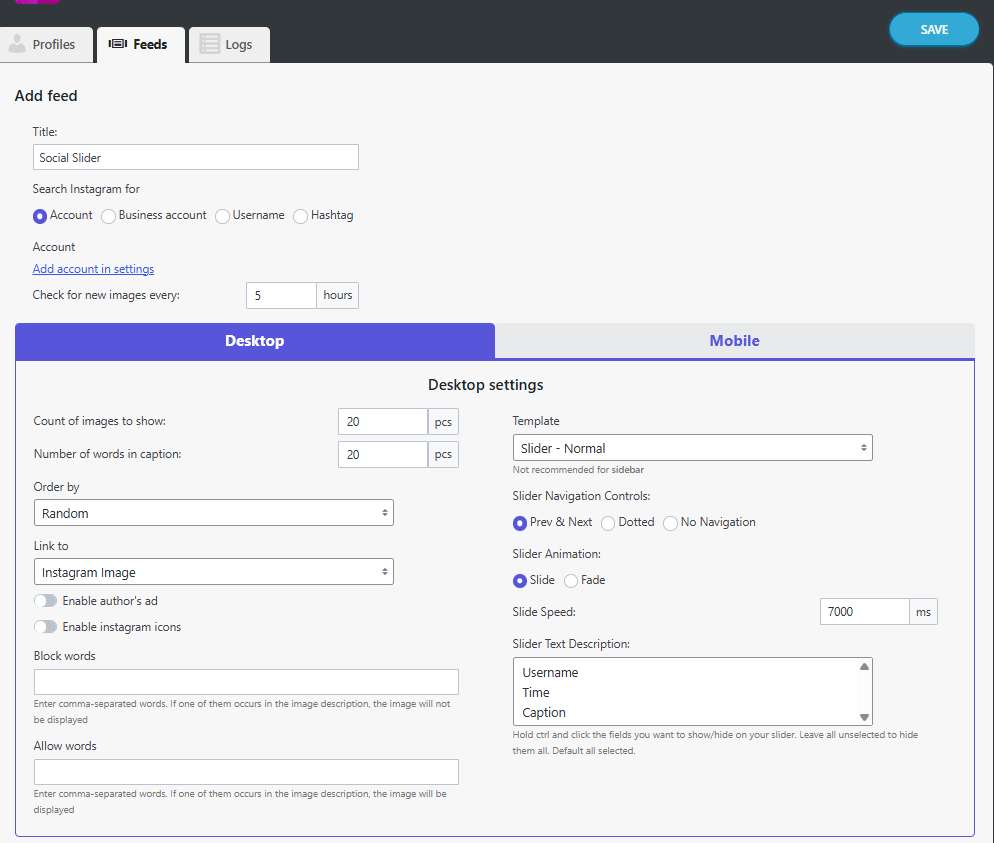 YouTube feed settings