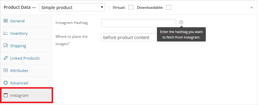 instagram tab in woocommerce new product page