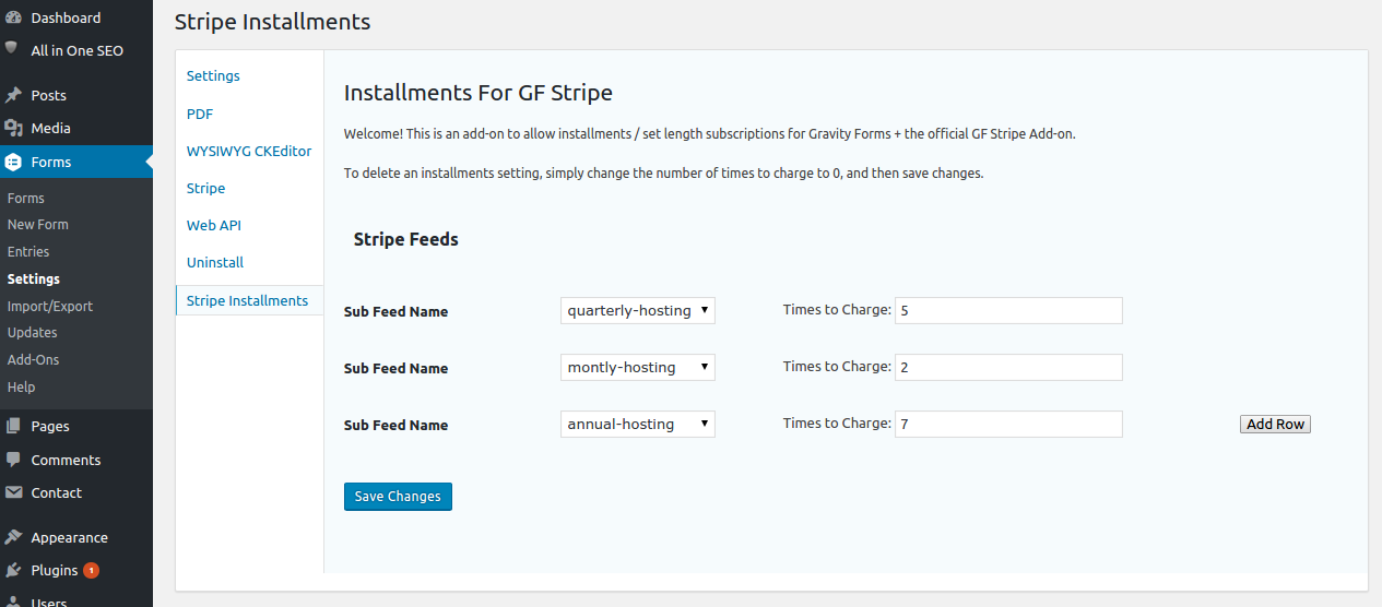 Installments for Stripe Gravity Forms settings page / control panel.