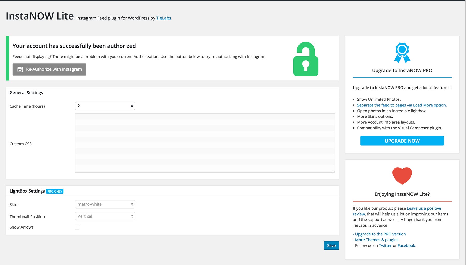 InstaNOW Lite options page.