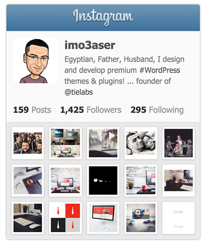 User Feed with bio, account states and 5 Columns photos.
