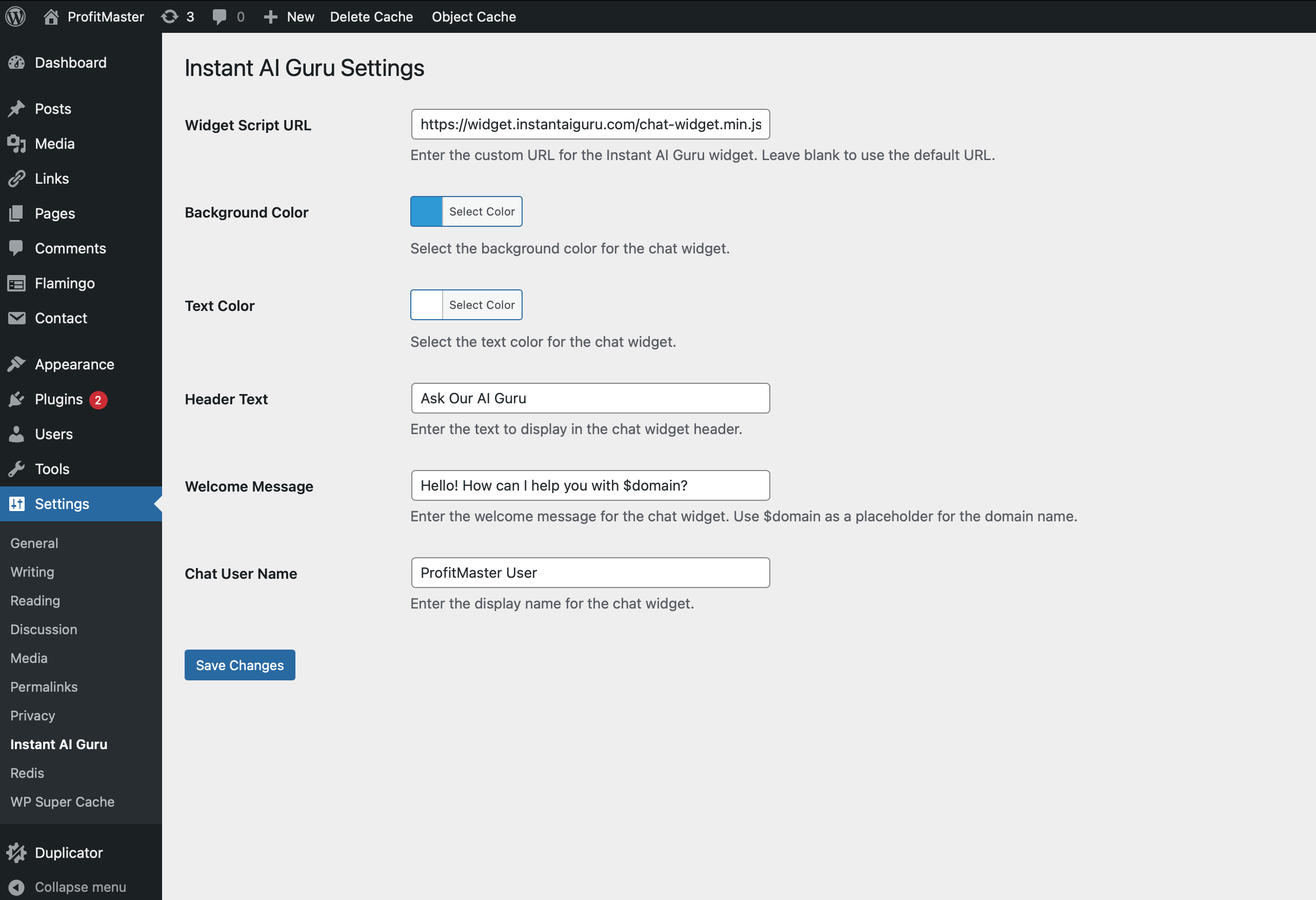 The plugin settings page for customizing the widget URL.