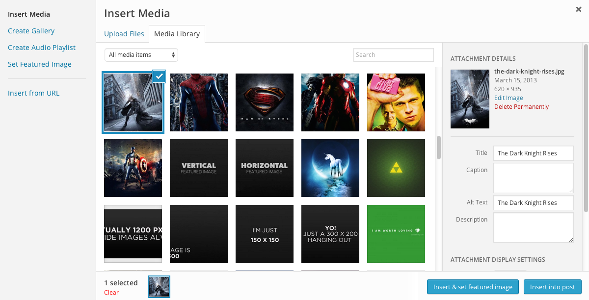 The new 'Insert & set featured image' button in the media manager modal