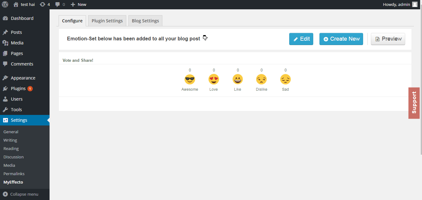 Myeffecto admin page in wordpress