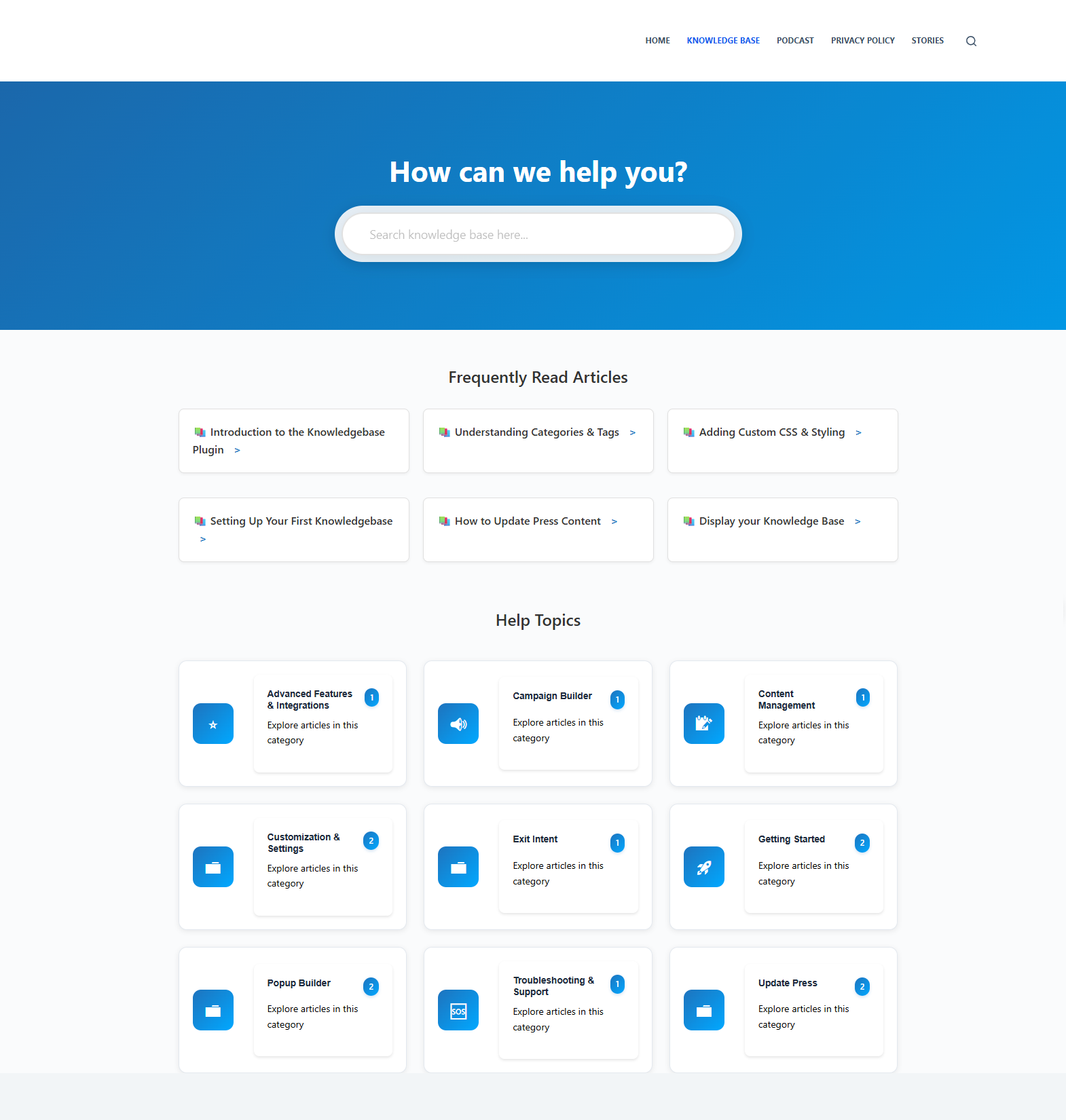 **Knowledge Base Analytics Page** – Track article views, feedback, and engagement